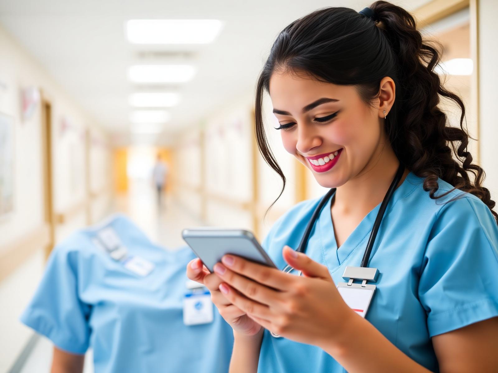 Student using the ClinicalTrac mobile app in a hospital hallway